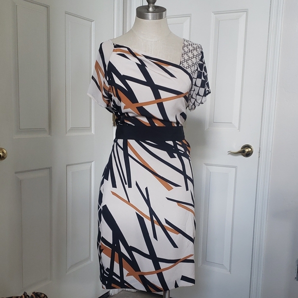 💐 Vintage 80s NEW YORK & COMPANY Dress Ivory Black Rust Tie Waist SIZE 12 - Picture 3 of 8